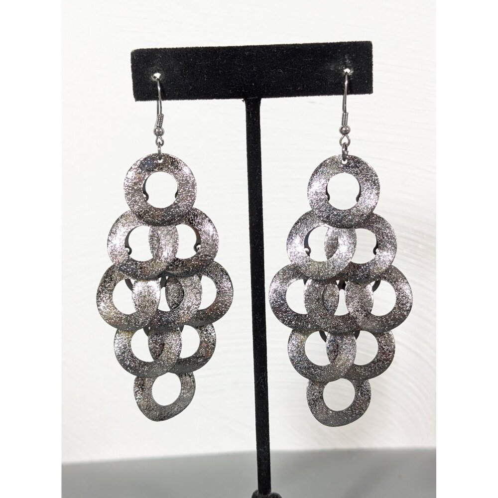 Gunmetal Gray Textured Round Disc Charm Chandelier Long Earrings Pierced MOD‎